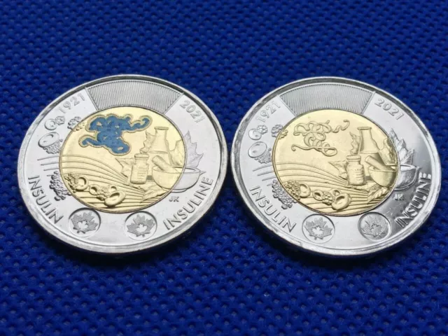 2021 Canada $2 Dollars Color & no Color Coin Toonie Discovery of Insulin UNC