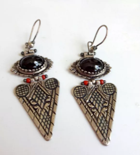 Vtg Atq Handcraft Morocco Silver Berber Dangle Coral Black Stone Earrings Tribal