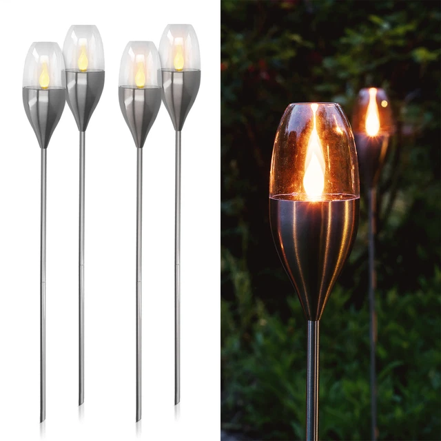 4X LED SOLAR Gartenfackel Edelstahl Garten Fackel Solarleuchten Set