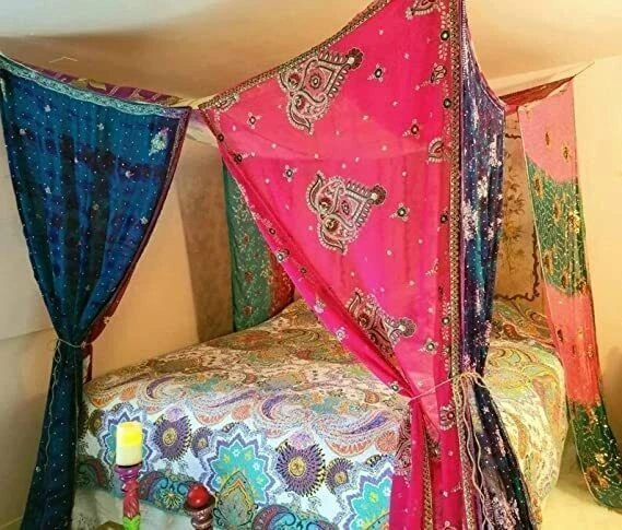 Dosel de cama Sari de seda hecho a mano indio, dosel de cama de cuatro...