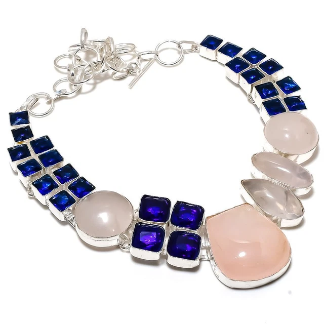 Rose Quartz, Blue Topaz Gemstone 925 Sterling Silver Jewelry Necklace 18" f690