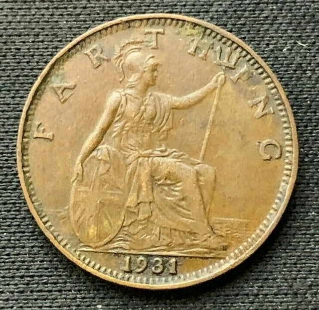 1931 Great Britain Farthing Coin AU +    Bronze World Coin     #C376