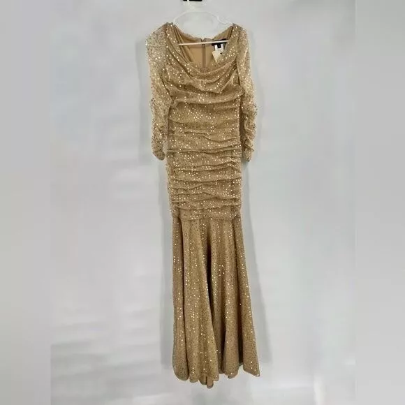 Tadashi Shoji brown gold sequins dress ruched long sleeve maxi dress size 6