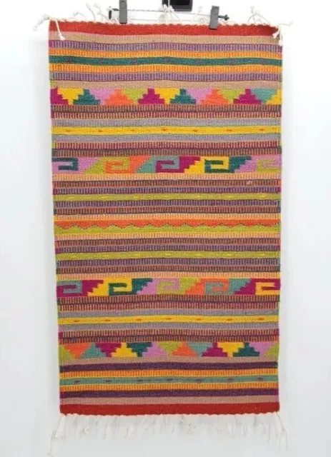 Vibrant Hand Woven Zapotec Indian Mexican Wool Rug Oaxaca Wall Hanging 40"×23"