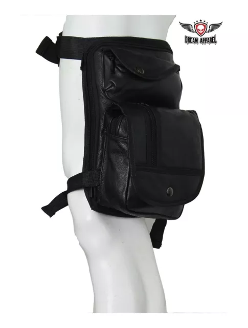 Black Naked Cowhide Leather Thigh Bag W/ Gun Pocket For Motorcycle Biker