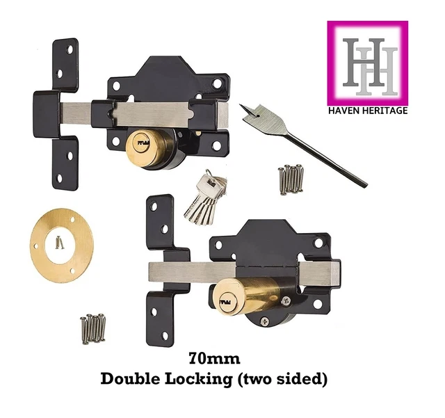 Haven Heritage Security Gate Lock – Long Throw Rim Bolt With 5 Keys – 50mm Or 70mm – Black