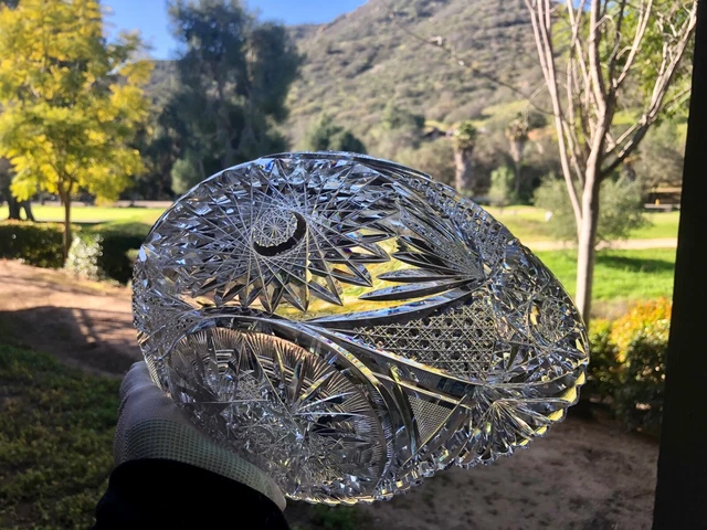 AMERICAN BRILLIANT cut glass LARGE Banana/fruit bowl att. to Meriden VIDEO! 13