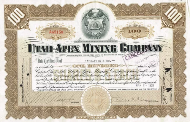 USA UTAH-APEX MINING COMPANY stock certificate