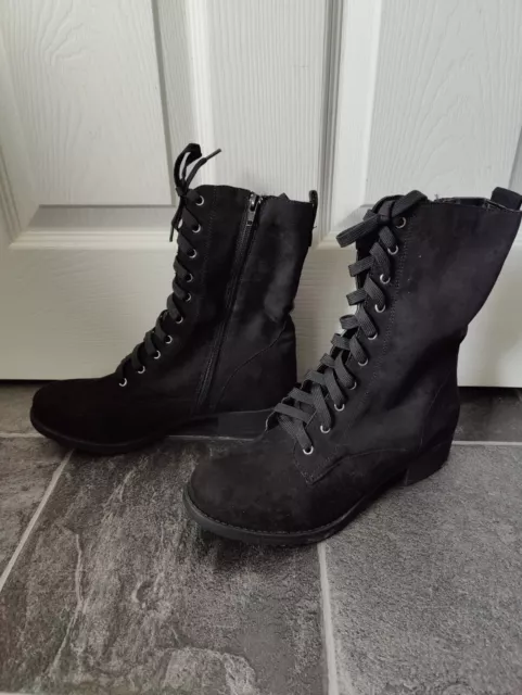 Bnib Ladies Size 7 Black Boots Calf Mid Zip Up Lace Up Biker