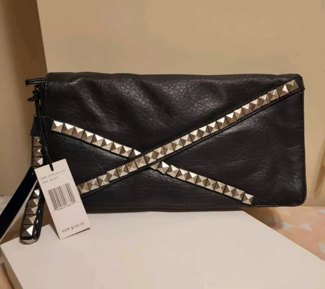 NWT Joe's Jeans Blck Leather Studded 3 Compartment Clutch Bag Ret $150 w/Dustbag 2