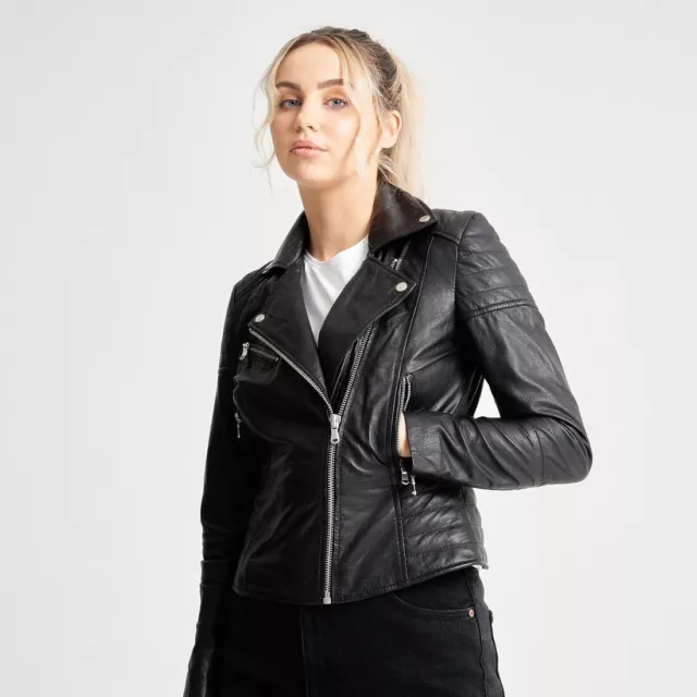 Barneys Originals Clara Black Leather Moto Jacket Women's Size: UK 14/ US 10 / L