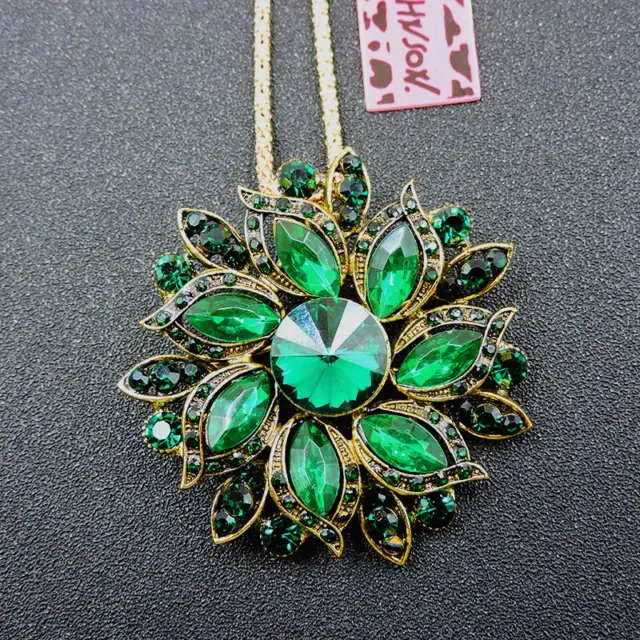 Betsey Johnson Dark Green Crystal Ornate Flower Pendant Chain Necklace/Brooch