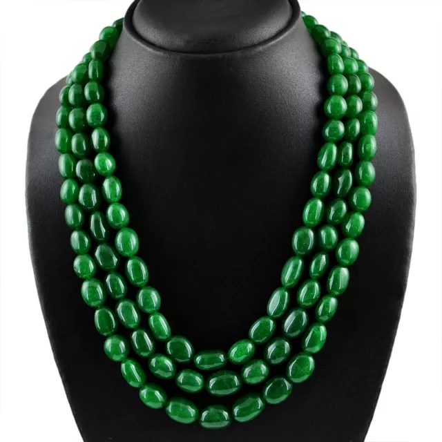 879.50 Cts Earth Mined 3 Line Oval Shaped Rich Green Emerald Beads Necklace (Dg)