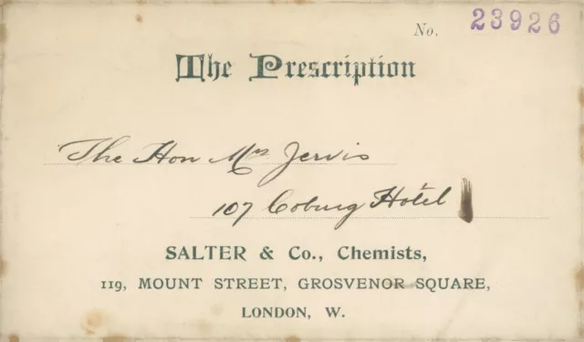 Antique Prescription Envelope Salter & Co chemist Grosvenor Square London