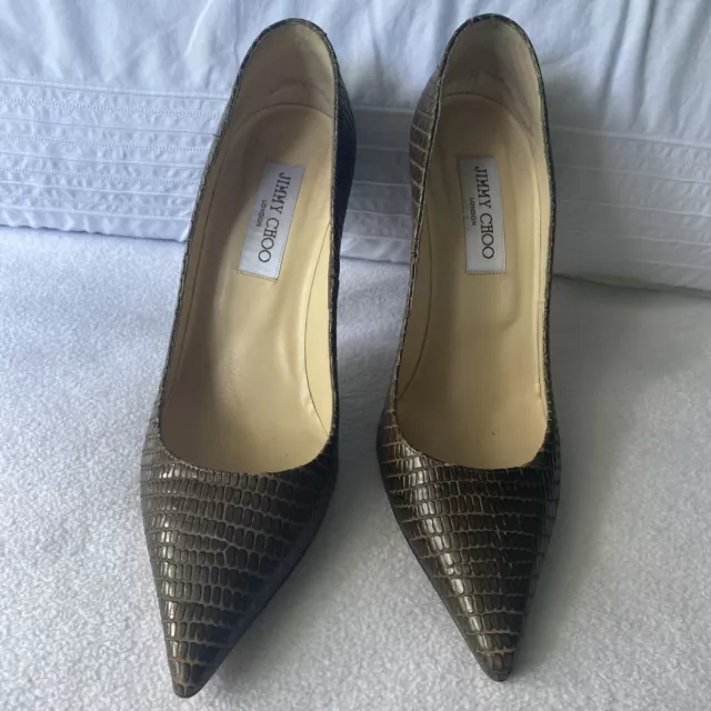 JIMMY CHOO ANOUK Emerald Brown Snakeskin Pointed Toe Pump Shoes Size 8 ...
