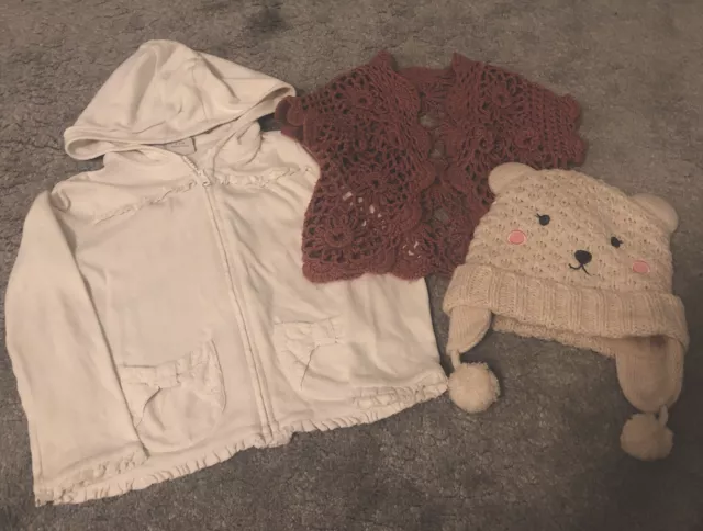 GIRL BUNDLE AGE 3-4 YEARS Next Winter Hat- White Cotton Hoodie -Crochet Cardigan