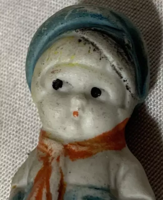 All Bisque Boy Doll Blue Molded Hat Red Scarf Miniature 3” Antique Japan