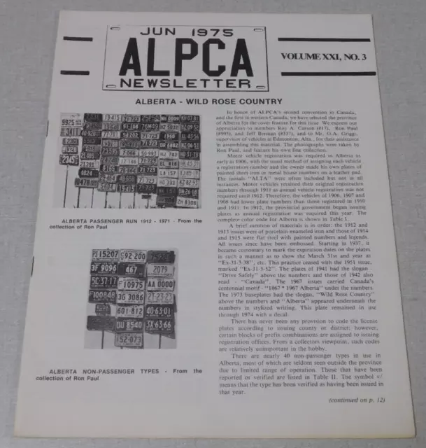 June 1975 ALPCA license plate newsletter magazine Alberta plates