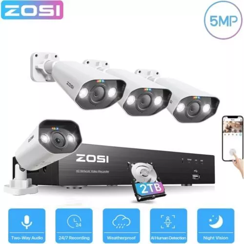 ZOSI 5MP Kit Cámara de Vigilancia PoE 4K 8CH NVR 2TB HDD Sistema CCTV para Hogar