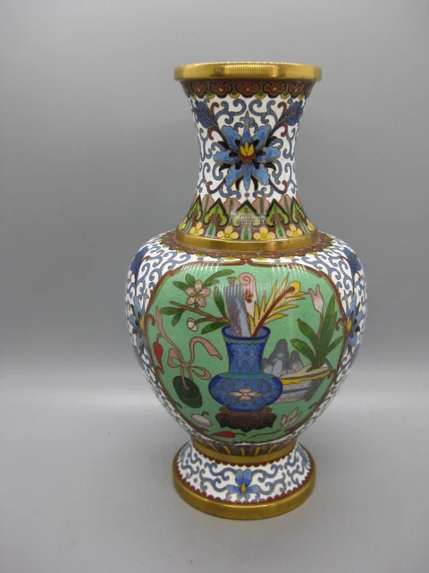 Fine Old Chinese Cloisonne Over Brass Enamel Vase Floral Scholar Pattern 8 1/4"