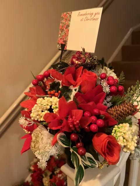 Quality Artificial Christmas  Arrangement Grave vase / Memorial / Crem Pot Red 2