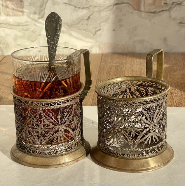 Vintage RARE Russian Soviet Tea Glass Cup Holder Podstakannik Filigree USSR