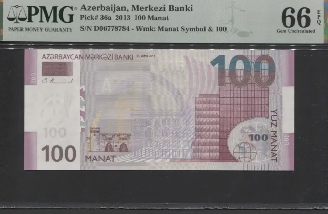 TT PK 36a 2013 AZERBAIJAN MERKEZI BANKI 100 MANAT PMG 66 EPQ GEM UNCIRCULATED!