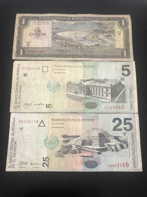 lot of 3 banknotes from El Salvador 1 colon 1978 5 colones 1998 25 colones 1998