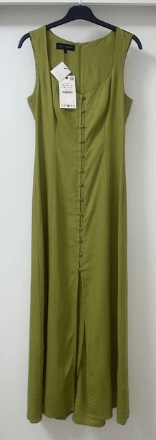 ZARA OLIVE GREEN Sleeveless Linen Blend Decorative Buttoned Midi Dress Size  S 34.99 - PicClick UK