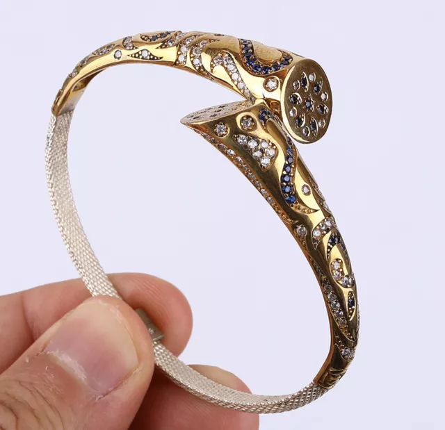 Turkish Simulated Sapphire .925 Silver & Bronze Bangle Bracelet #12030