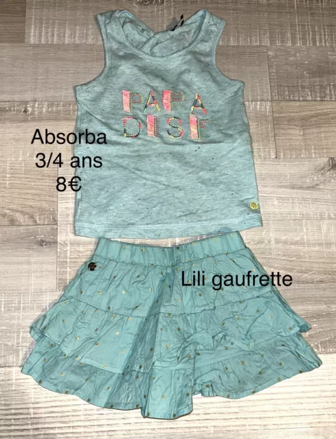 Absorba Lili Gaufre 3/4 Ans Fille : Ensemble Jupe A Volants Bleu Vert + Top Été