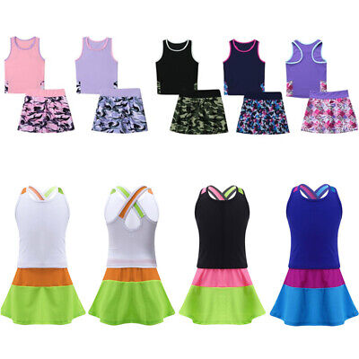 Kids Girls Tennis Dress Set Tank Top Golf Skirt Built-in Shorts Outfit Tracksuit