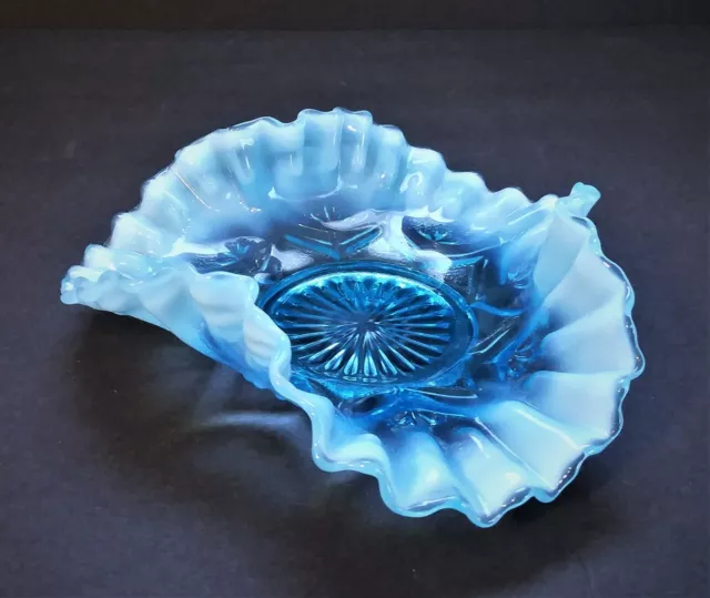 Vintage Dugan Blue Opalescent Ruffled 6.75 Ruffled Trefoil Bowl