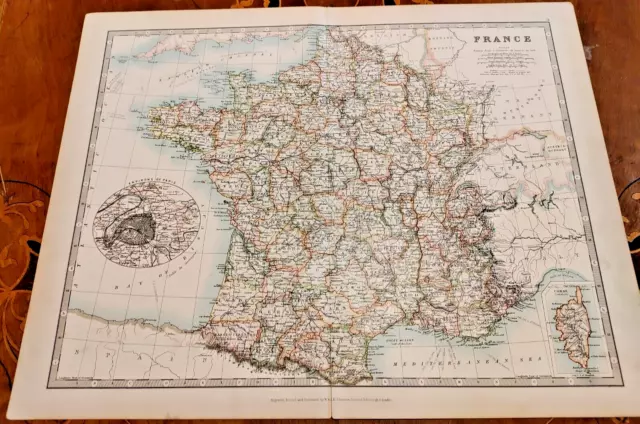 c1900 Johnston Colour Atlas Map France Departments Environs of Paris Corsica