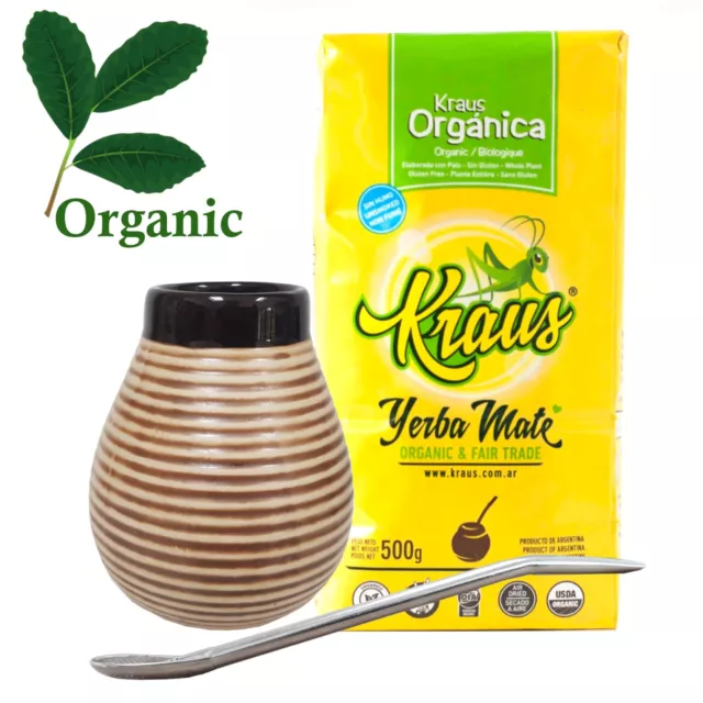 Great Value! Yerba Mate Organic Starter Kit! Kraus Unsmoked Ceramic Cup Bombilla