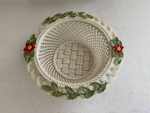 Belleek Irish Basket Weave Porcelain Four Seasons Winter Basket w/ Original Box 2