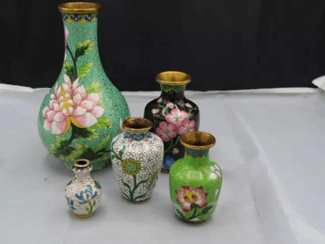 5x Schöne kleine Art Deco Cloisonne Vase  mit Blumen wohl Japan um 1945-1950