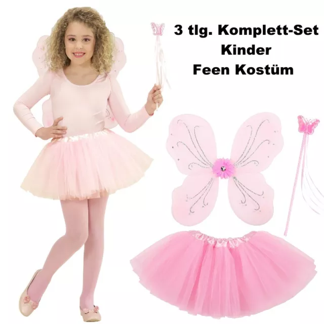 Kinder Feen Kostüm Set 3tlg. Tüllrock Flügel Zauberstab Rosa - Schmetterlingsfee