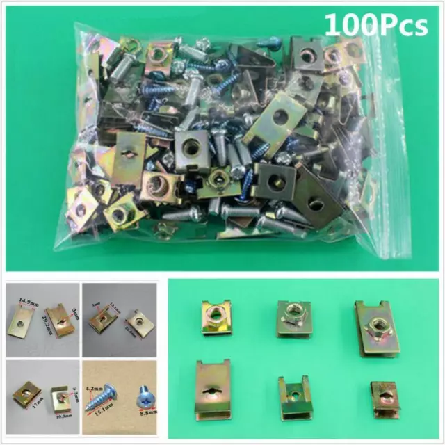 100x U Type Metal Clips Car Body Door Panel Trim Fasteners Fixed Screws