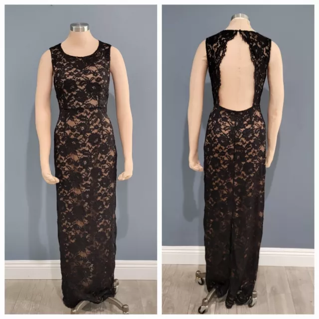 LAUNDRY by Shelli Segal Black Lace Overlay Nude Lining Sleeveless Maxi Gown 6