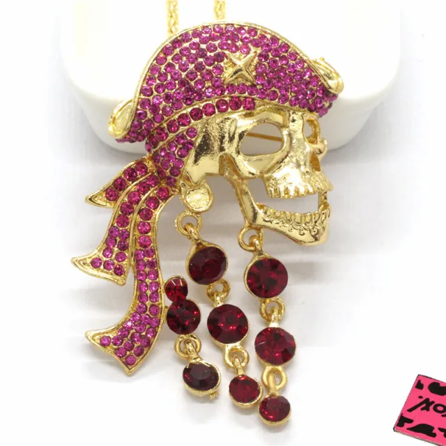 New Betsey Johnson Colourful Crystal Pirate Skull Rhinestone Pendant Necklace
