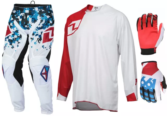 One Industries 661 Motocross Kit Ensemble Pantalon Jersey Gants Blanc Rouge Bleu