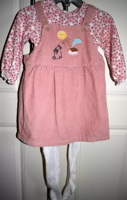 MARKS & SPENCER Salmon Pink Mix 3 Piece Cord DRESS/BODY/ TIGHTS Set 9-12 Months