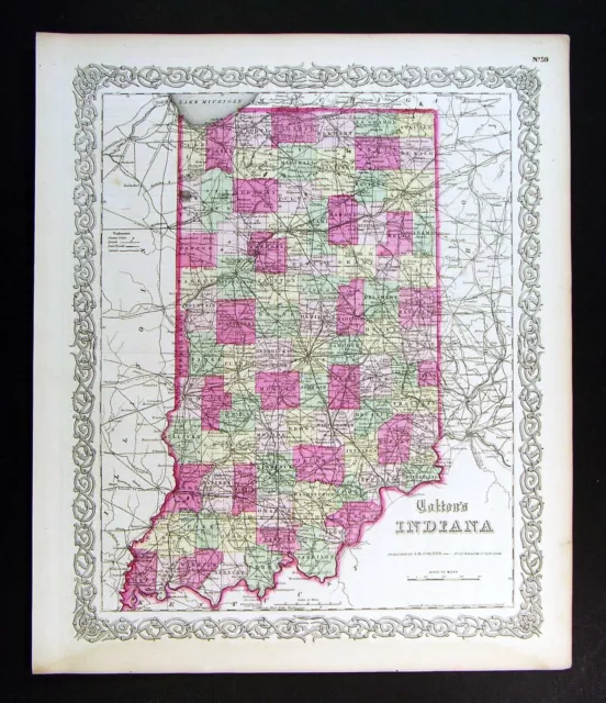 1865 Colton Map - Indiana - Indianapolis Fort Wayne New Albany South Bend