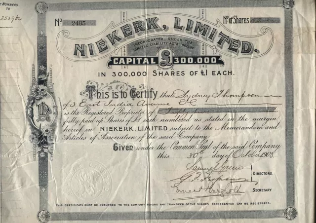 1903 NIEKERK LIMITED (Klerksdorp Gold Mining Co) share