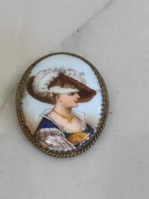 Vintage Hand Painted Porcelain Victorian Girl Portrait Brooch Cameo Women