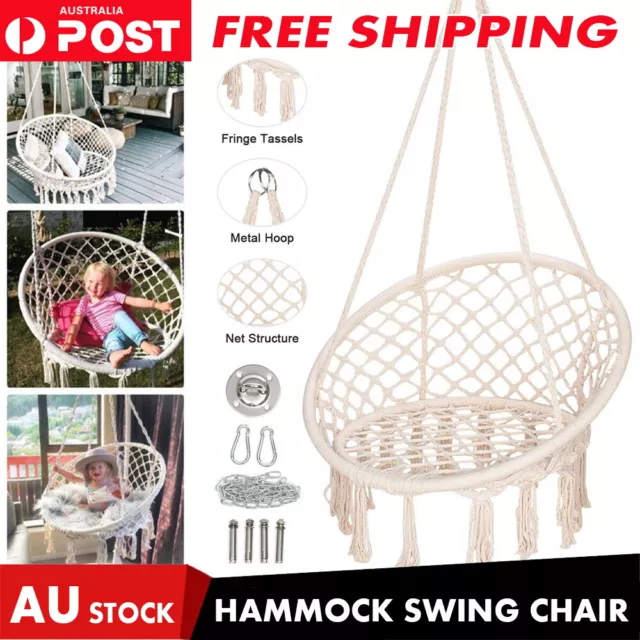 120CM Beige Hammock Chair Macrame Cotton Swing Bed Relax Outdoor Hanging Indoor