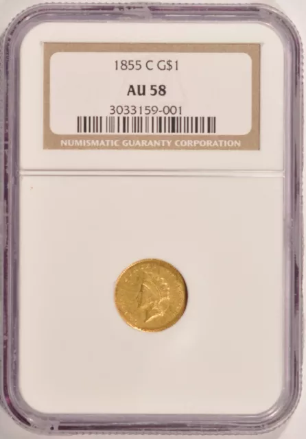 1855-C $1 Gold Liberty Dollar NGC AU58 Very Rare Charlotte Minted Coin