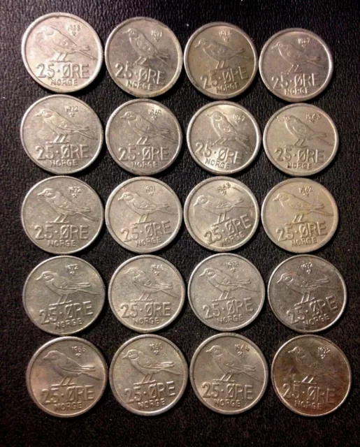 Vintage Norway Coin Lot - 25 ORE - ANIMAL SERIES - 20 Uncommon Coins - Lot #S23