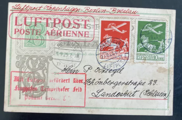 1925 Copenhagen Denmark airmail first flight Postcard Cover To Germany Sc#C1